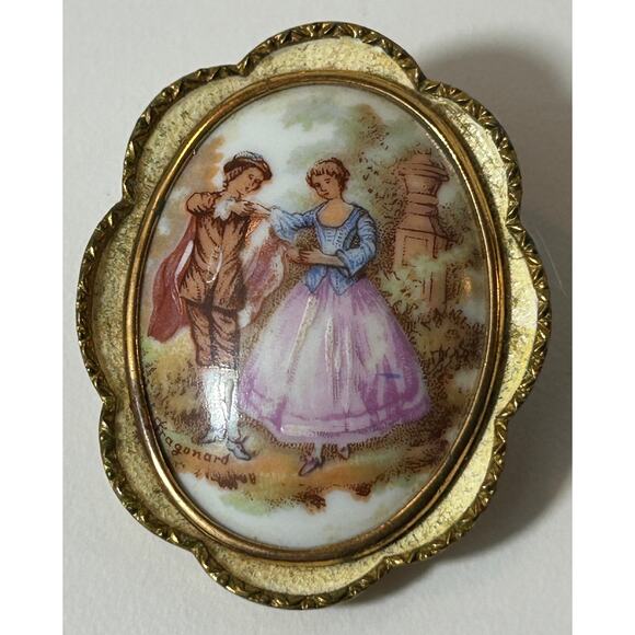 Vintage Limoges Porcelain Brooch Pendant Signed Fragonard Gold Tone - Picture 1 of 4